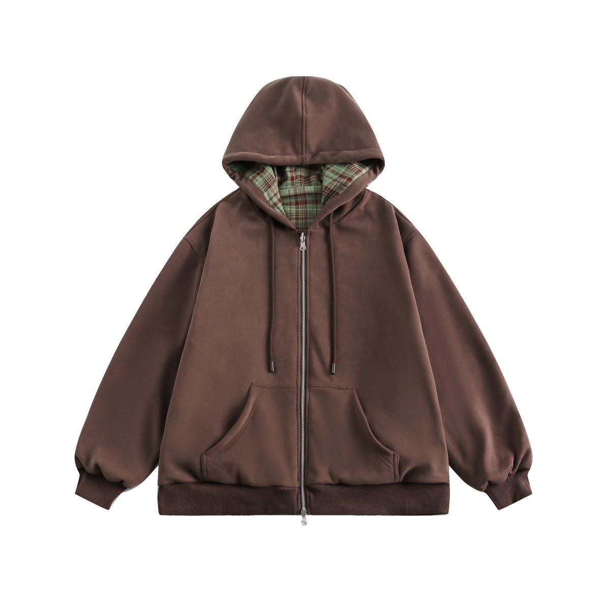 Vintage Zip Hoodie - Amerikan Retro Kahverengi Kareli Kapşonlu Kazak