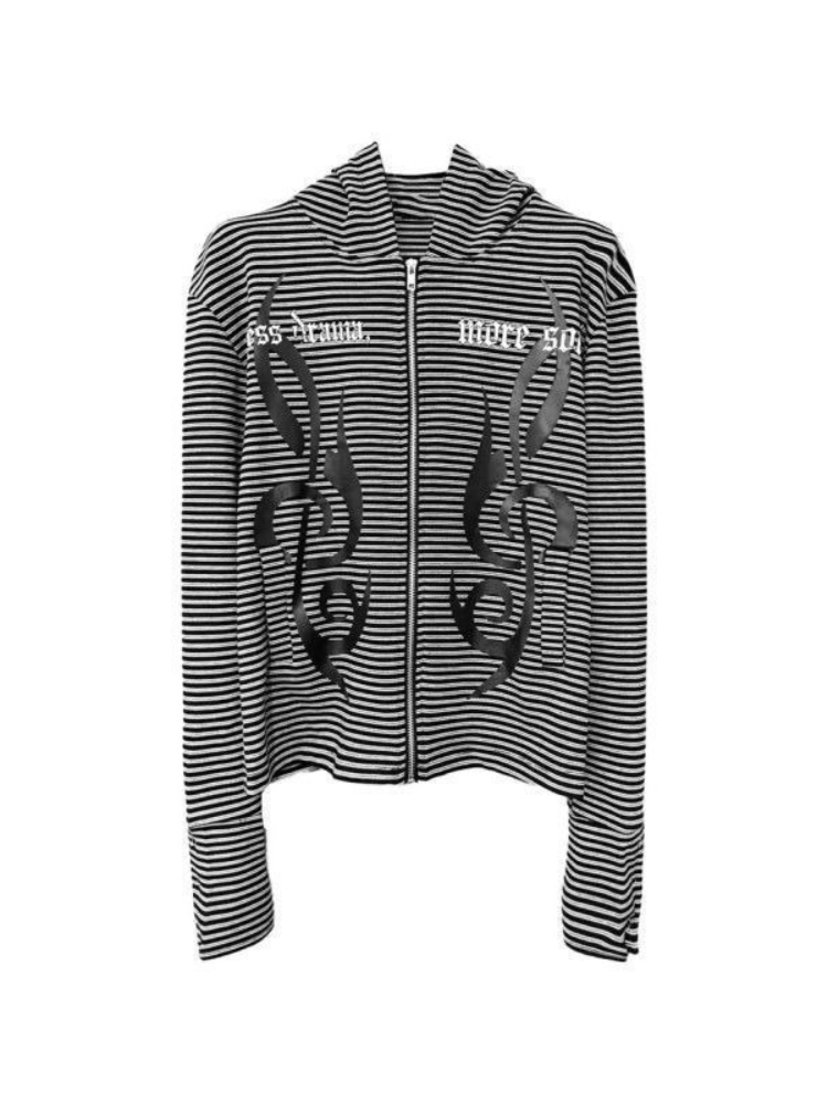 Vintage Zip Hoodie - Erkek Kadın Gotik Tarz Çizgili Kapüşonlu