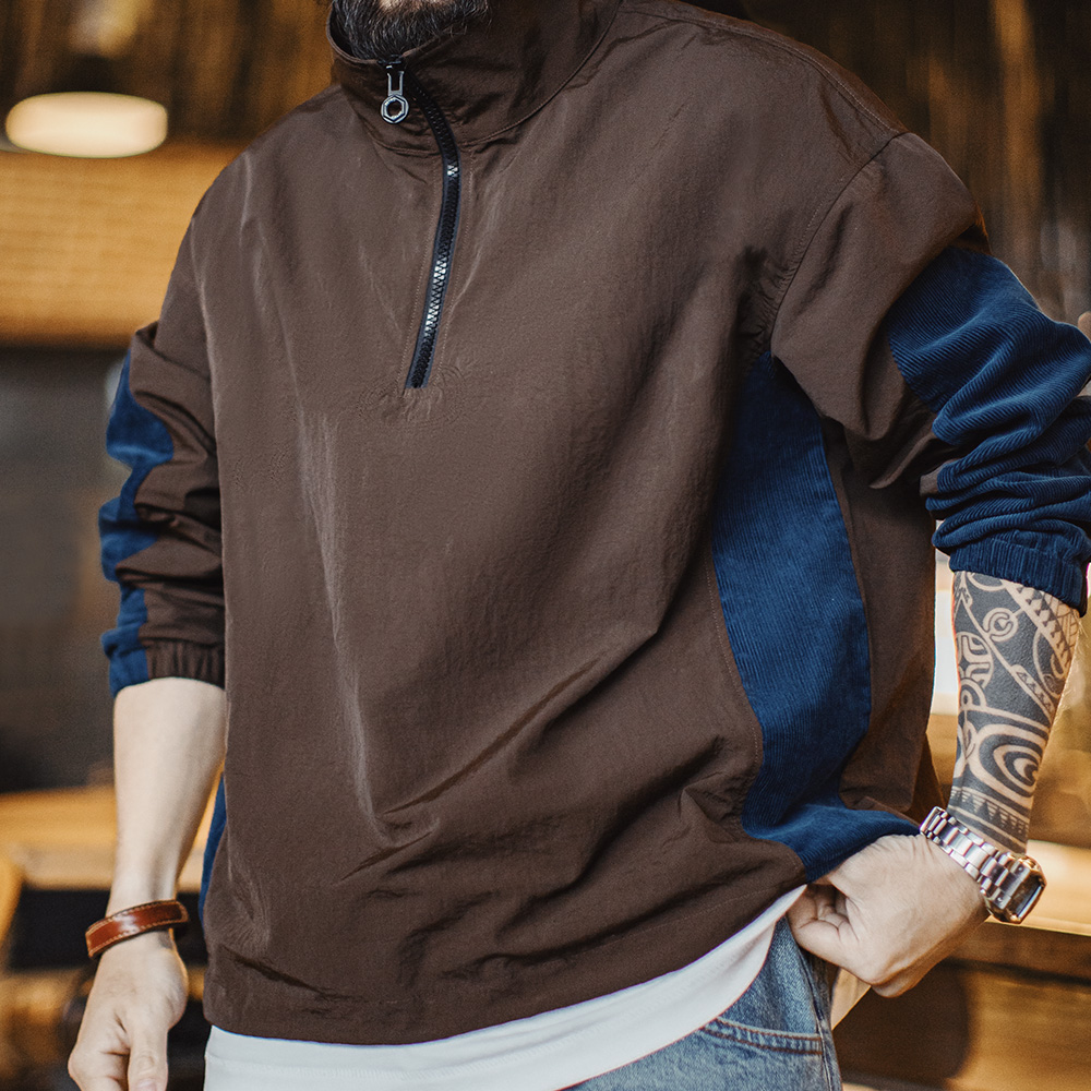 Vintage Zip Hoodie - Maden Vintage Kadife Renk Bloklu Yarım